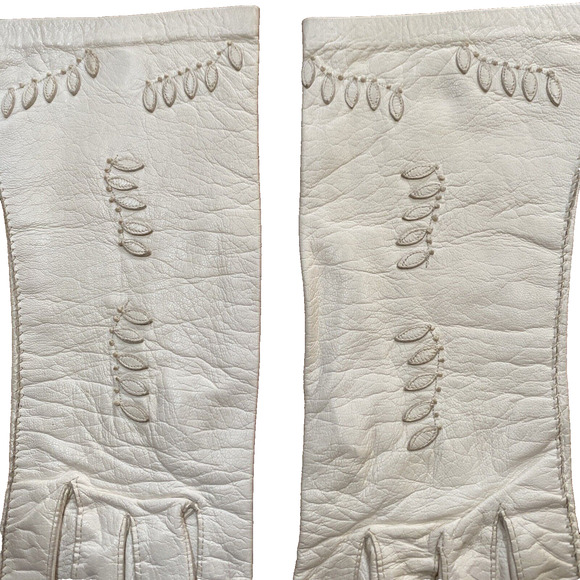 Vintage 1940’s White Kid Leather Gloves Aris Germany Size 6.5 Appliqué Wedding - Picture 2 of 8